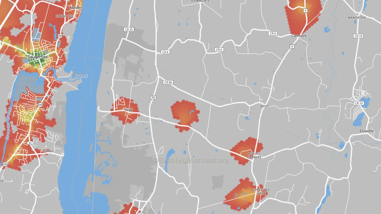 Walk Grade map of Tivoli, NY, walkable areas in green and car-dependent areas in red