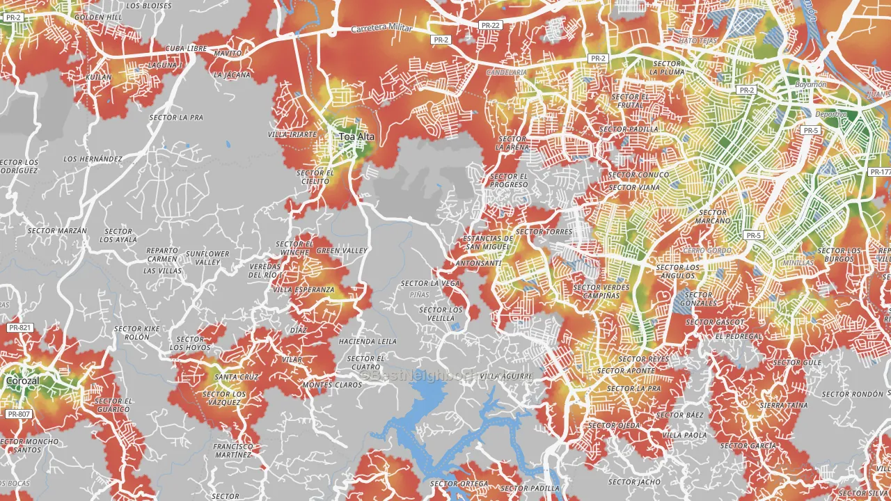 Walk Grade map of Toa Alta Municipio, PR, walkable areas in green and car-dependent areas in red