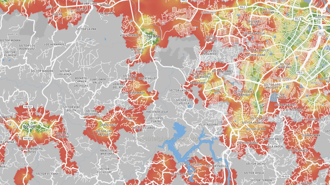 Walk Grade map of Toa Alta, PR, walkable areas in green and car-dependent areas in red