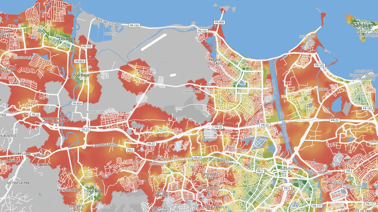 Walk Grade map of Toa Baja Municipio, PR, walkable areas in green and car-dependent areas in red