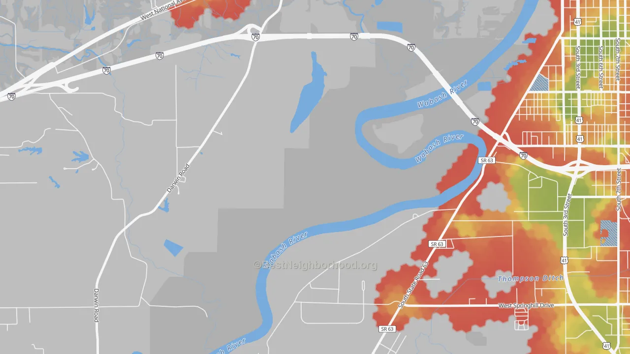 Walk Grade map of Toad Hop, IN, walkable areas in green and car-dependent areas in red