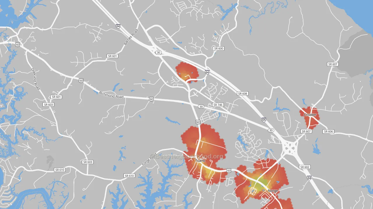 Walk Grade map of Toano, VA, walkable areas in green and car-dependent areas in red