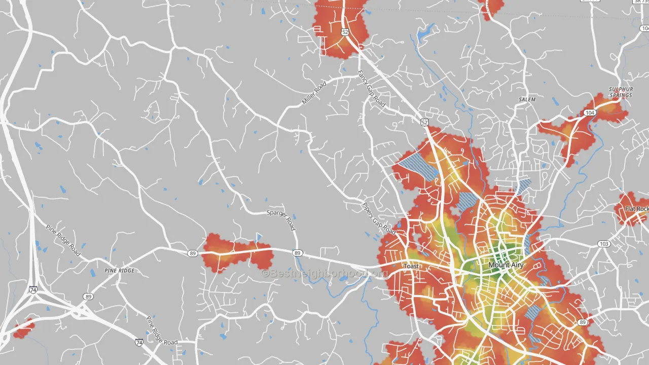 Walk Grade map of Toast, NC, walkable areas in green and car-dependent areas in red