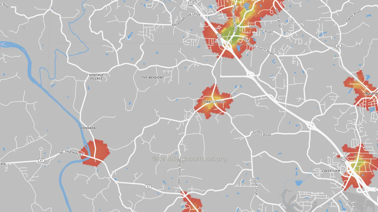 Walk Grade map of Tobaccoville, NC, walkable areas in green and car-dependent areas in red
