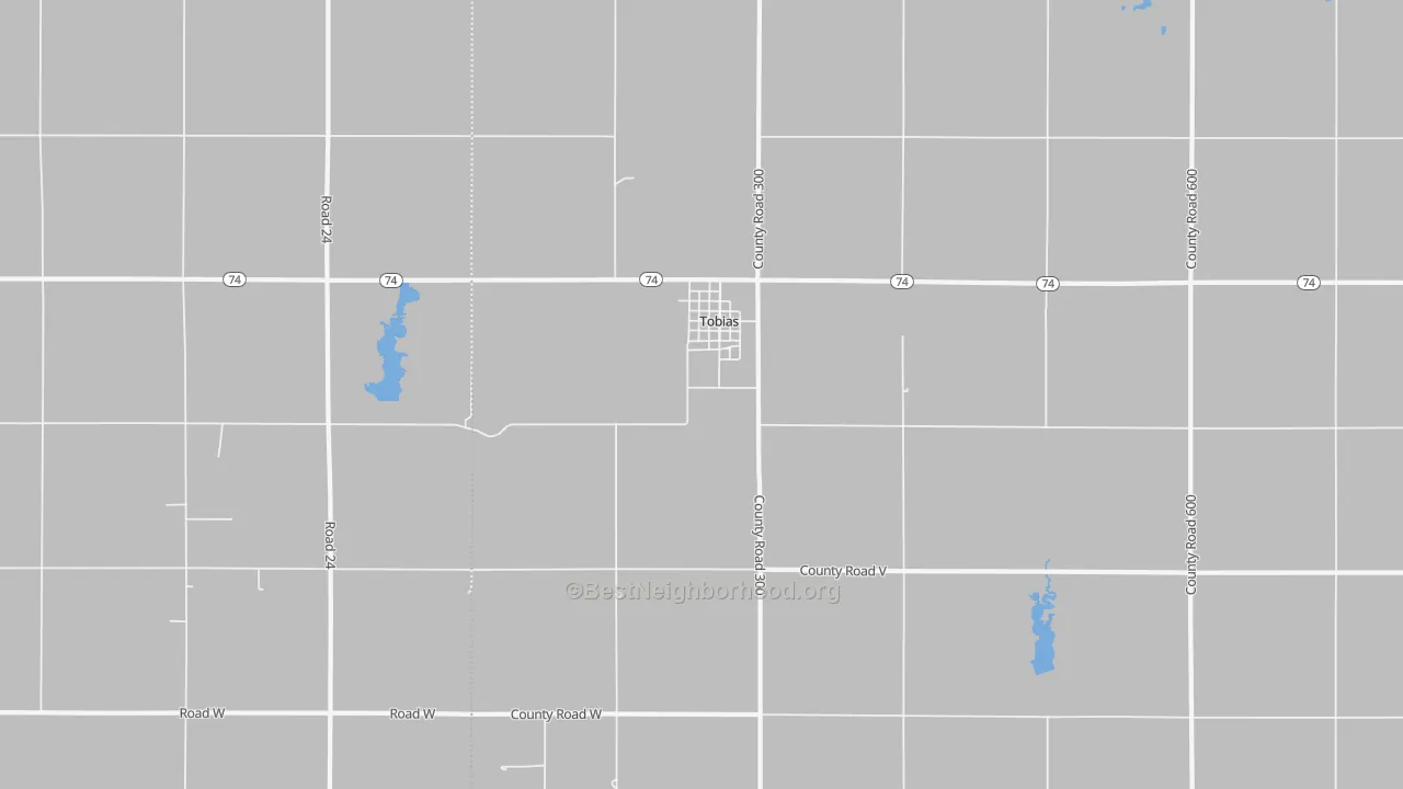 Walk Grade map of Tobias, NE, walkable areas in green and car-dependent areas in red