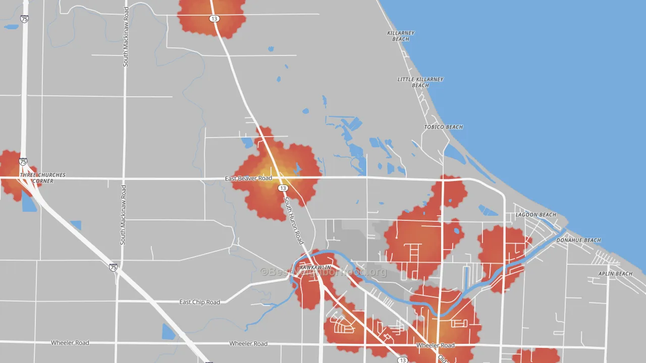 Walk Grade map of Tobico Beach, MI, walkable areas in green and car-dependent areas in red