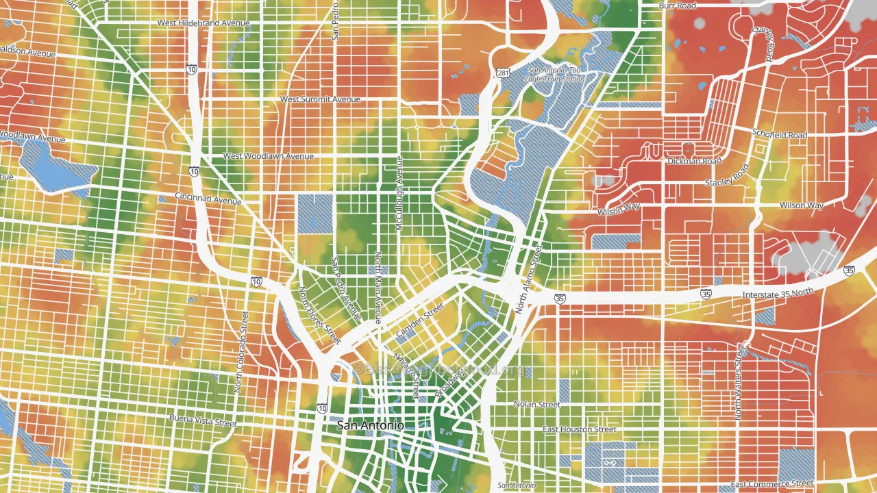 Walk Grade map of Tobin Hill, San Antonio, TX, walkable areas in green and car-dependent areas in red