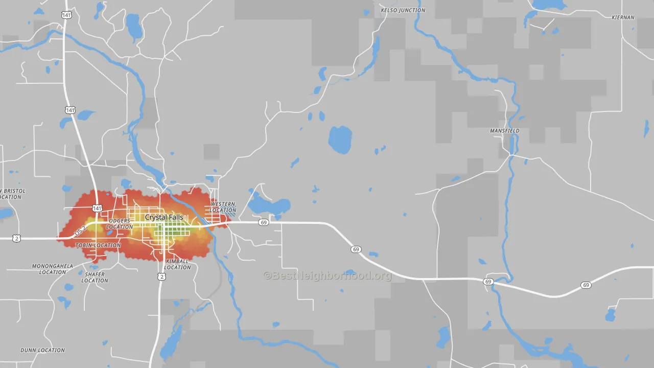 Walk Grade map of Tobin Location, MI, walkable areas in green and car-dependent areas in red