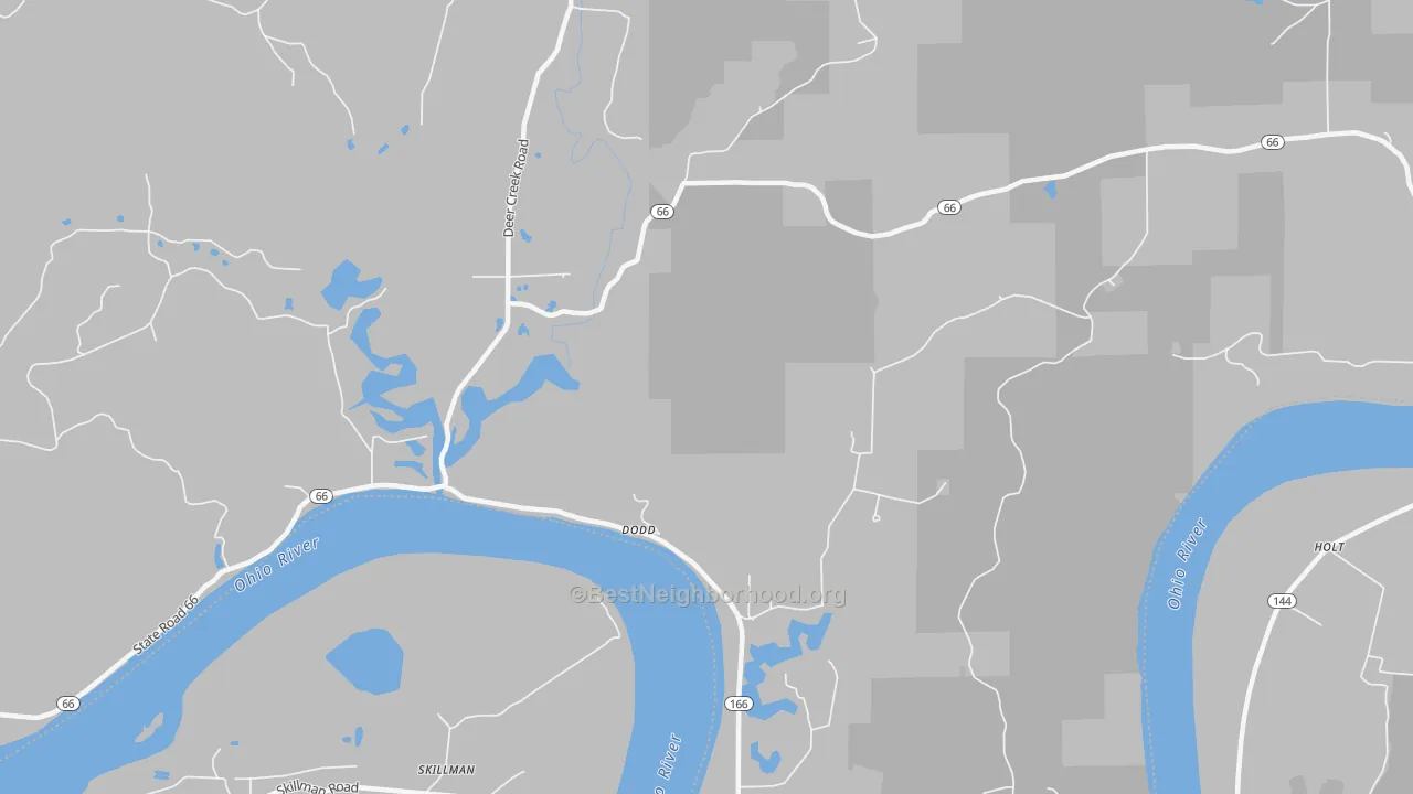 Walk Grade map of Tobinsport, IN, walkable areas in green and car-dependent areas in red