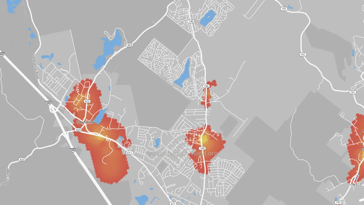 Walk Grade map of Tobyhanna, PA, walkable areas in green and car-dependent areas in red