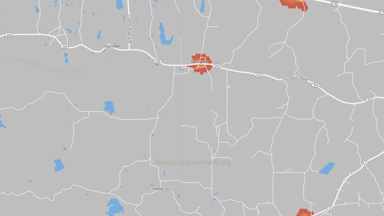 Walk Grade map of Toccopola, MS, walkable areas in green and car-dependent areas in red