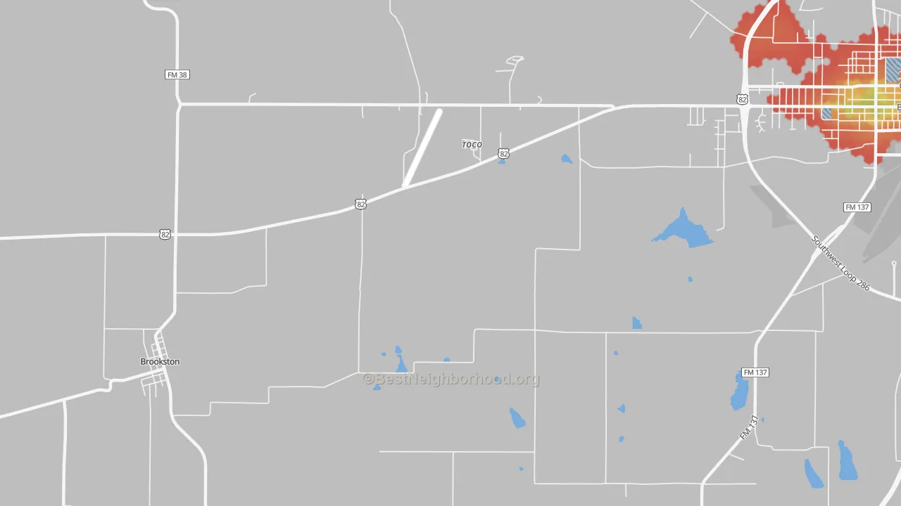 Walk Grade map of Toco, TX, walkable areas in green and car-dependent areas in red