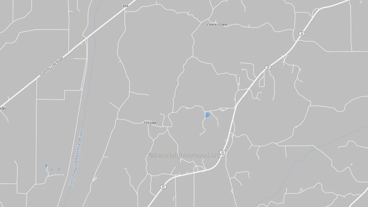 Walk Grade map of Tocowa, MS, walkable areas in green and car-dependent areas in red