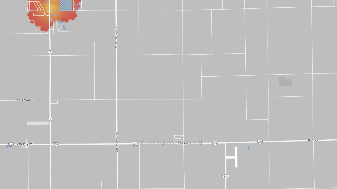 Walk Grade map of Tocsin, IN, walkable areas in green and car-dependent areas in red