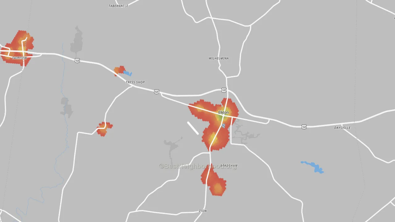 Walk Grade map of Todd County, KY, walkable areas in green and car-dependent areas in red