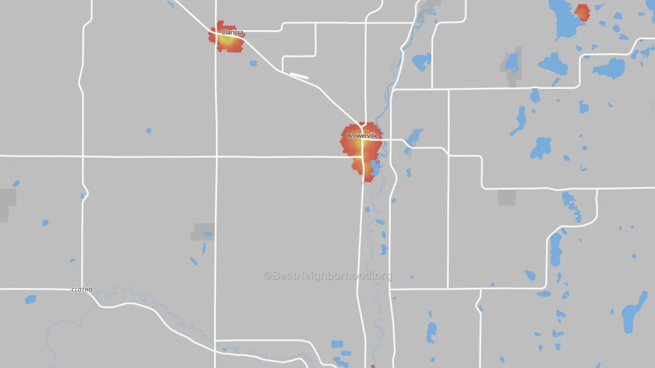 Walk Grade map of Todd County, MN, walkable areas in green and car-dependent areas in red