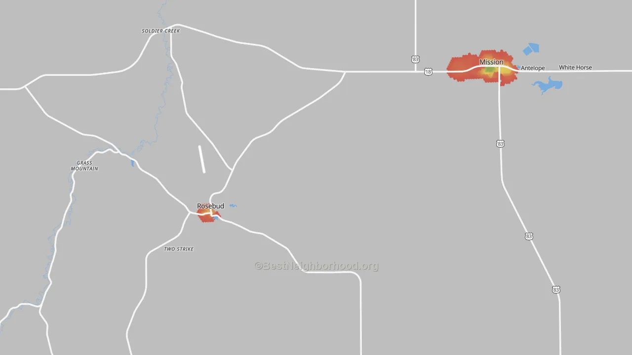 Walk Grade map of Todd County, SD, walkable areas in green and car-dependent areas in red