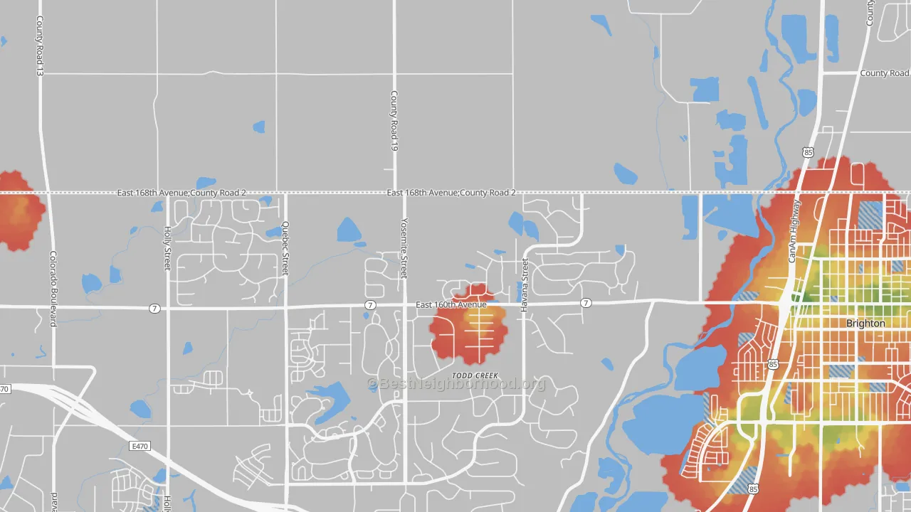 Walk Grade map of Todd Creek, CO, walkable areas in green and car-dependent areas in red