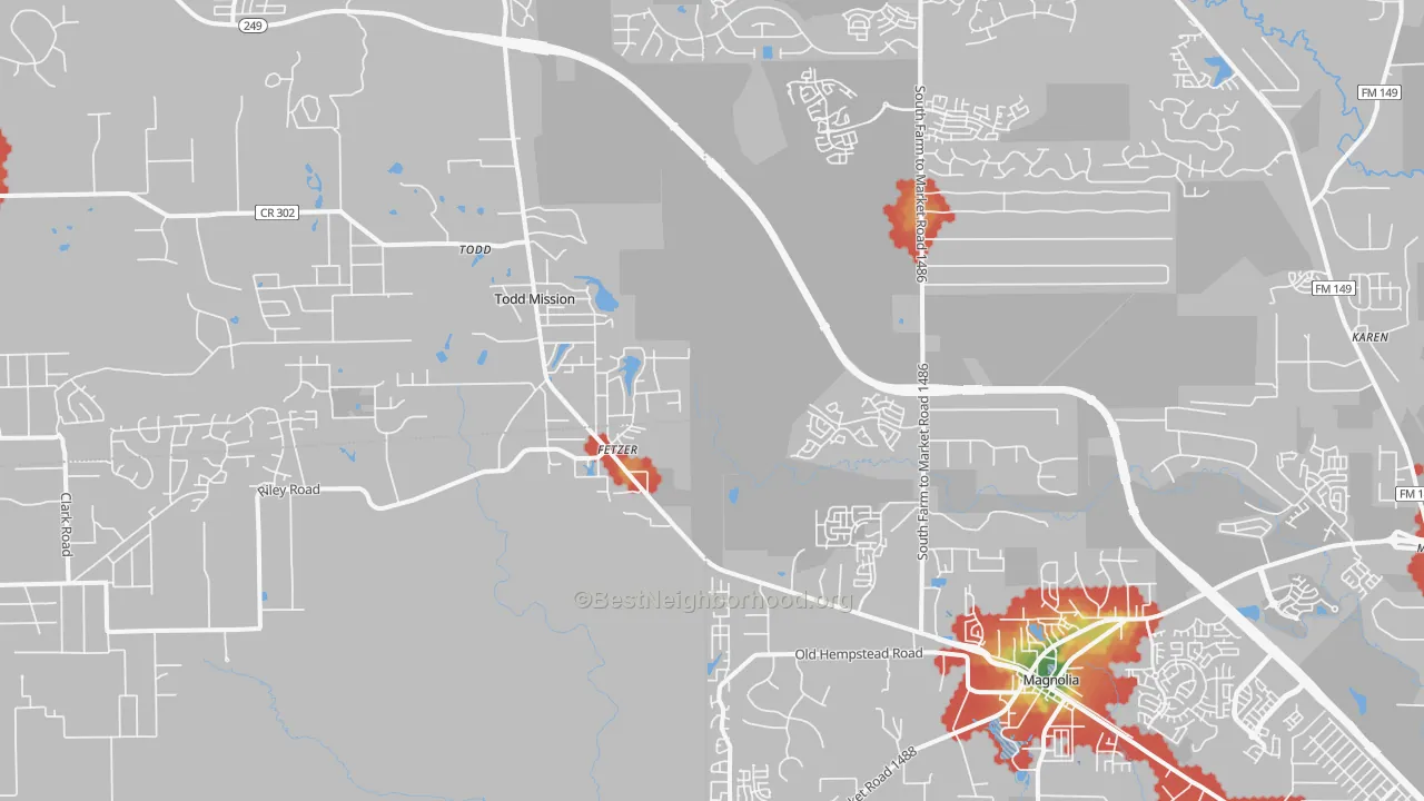 Walk Grade map of Todd Mission, TX, walkable areas in green and car-dependent areas in red