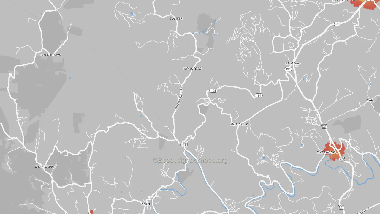 Walk Grade map of Todd, NC, walkable areas in green and car-dependent areas in red
