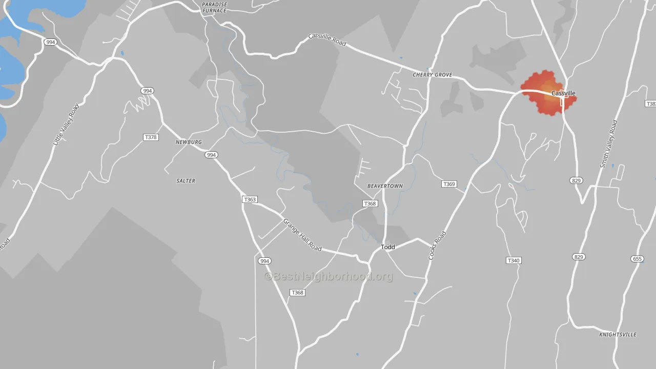 Walk Grade map of Todd, PA, walkable areas in green and car-dependent areas in red