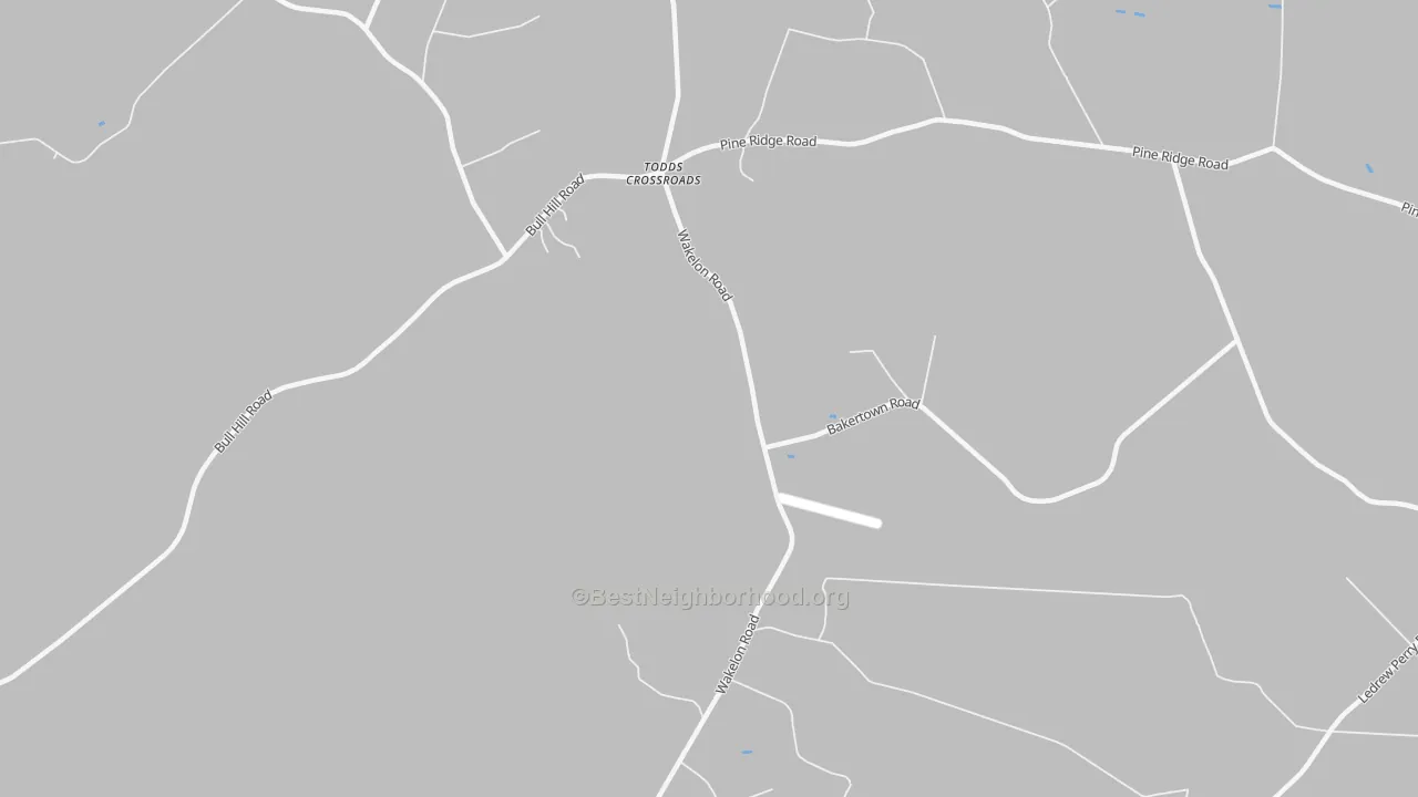 Walk Grade map of Todds Crossroads, NC, walkable areas in green and car-dependent areas in red