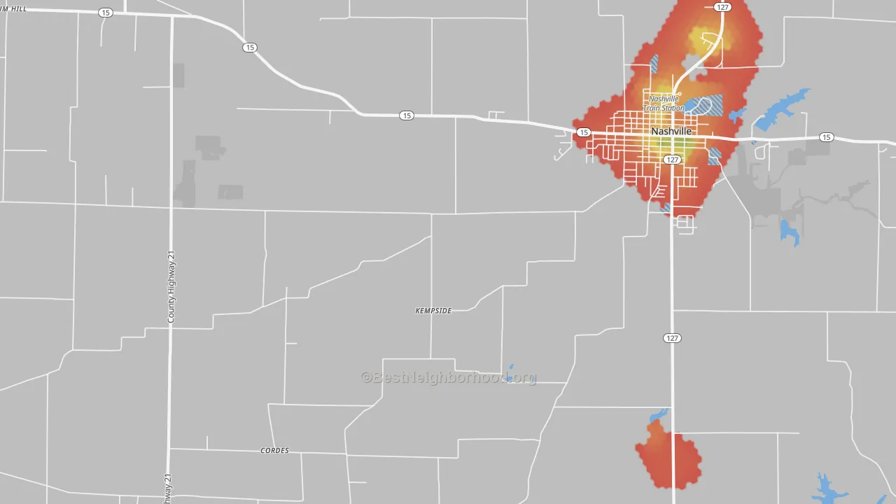 Walk Grade map of Todds Mill, IL, walkable areas in green and car-dependent areas in red