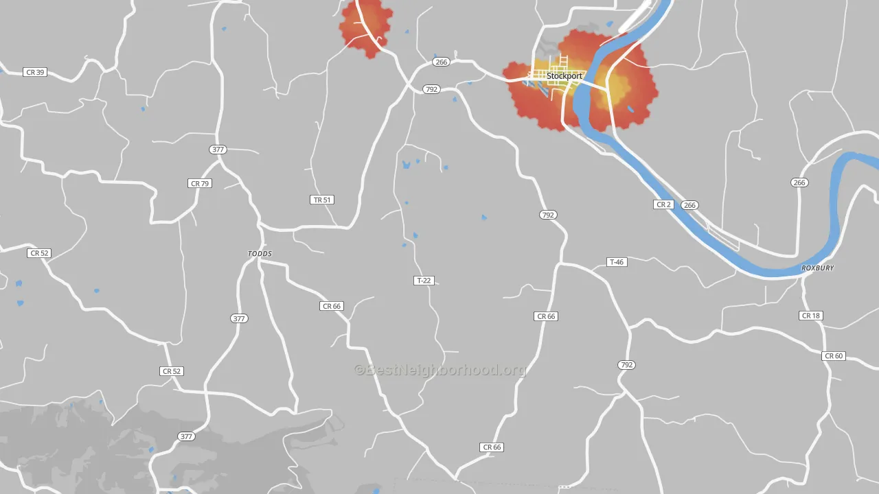 Walk Grade map of Todds, OH, walkable areas in green and car-dependent areas in red