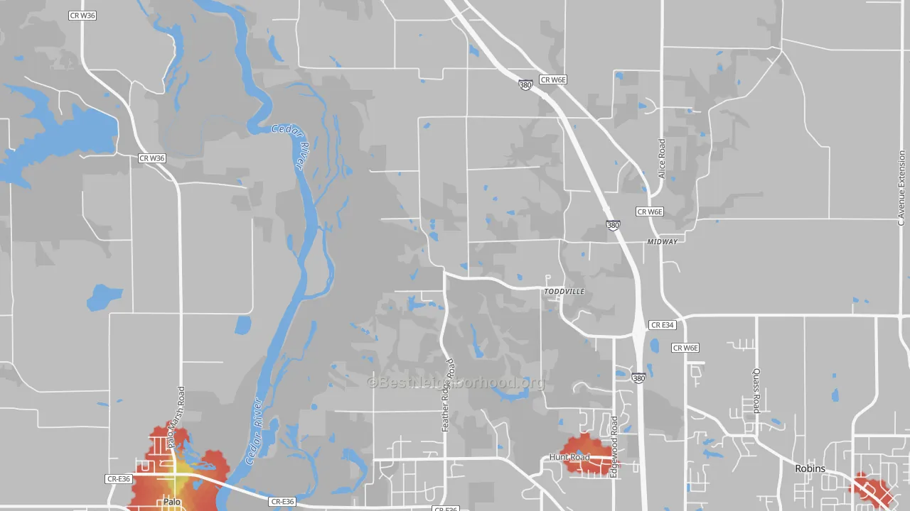 Walk Grade map of Toddville, IA, walkable areas in green and car-dependent areas in red