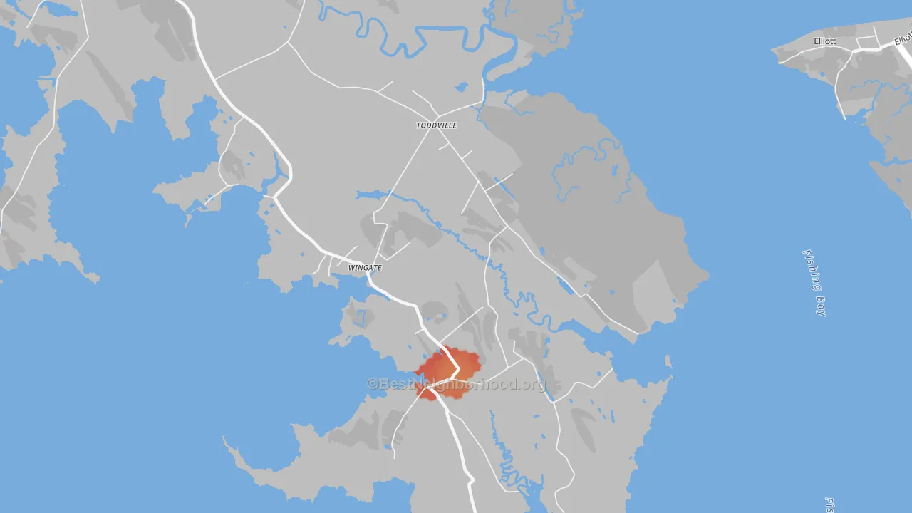 Walk Grade map of Toddville, MD, walkable areas in green and car-dependent areas in red
