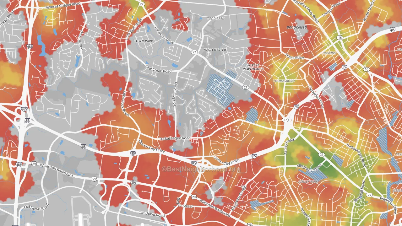 Walk Grade map of Toddville Road, Charlotte, NC, walkable areas in green and car-dependent areas in red