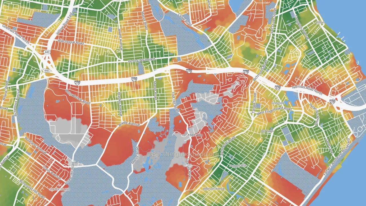 Walk Grade map of Todt Hill, Staten Island, NY, walkable areas in green and car-dependent areas in red
