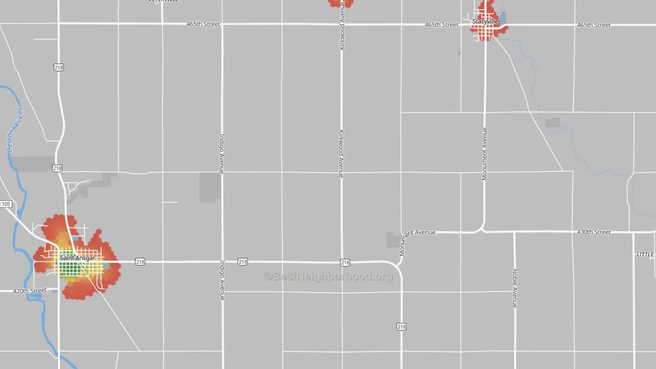Walk Grade map of Toeterville, IA, walkable areas in green and car-dependent areas in red