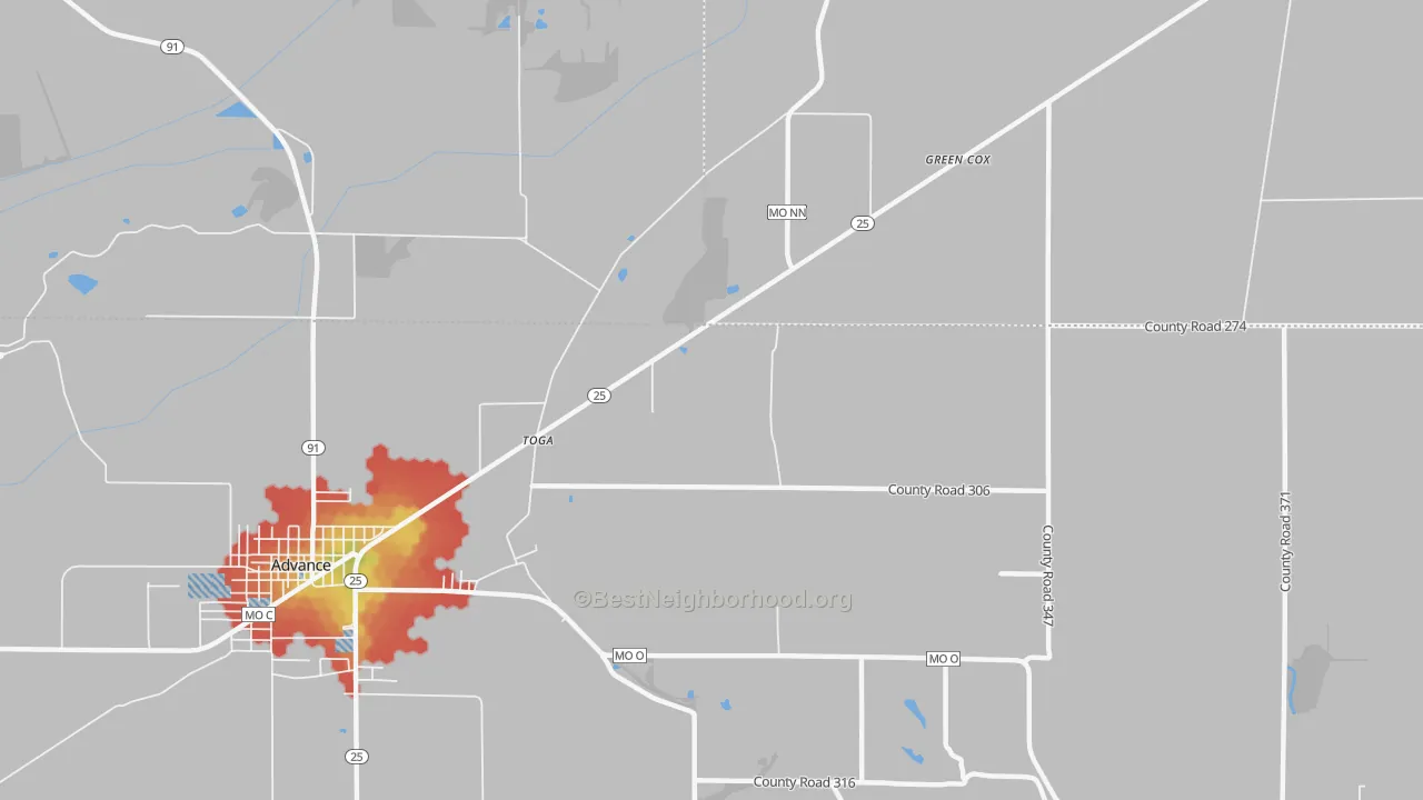 Walk Grade map of Toga, MO, walkable areas in green and car-dependent areas in red