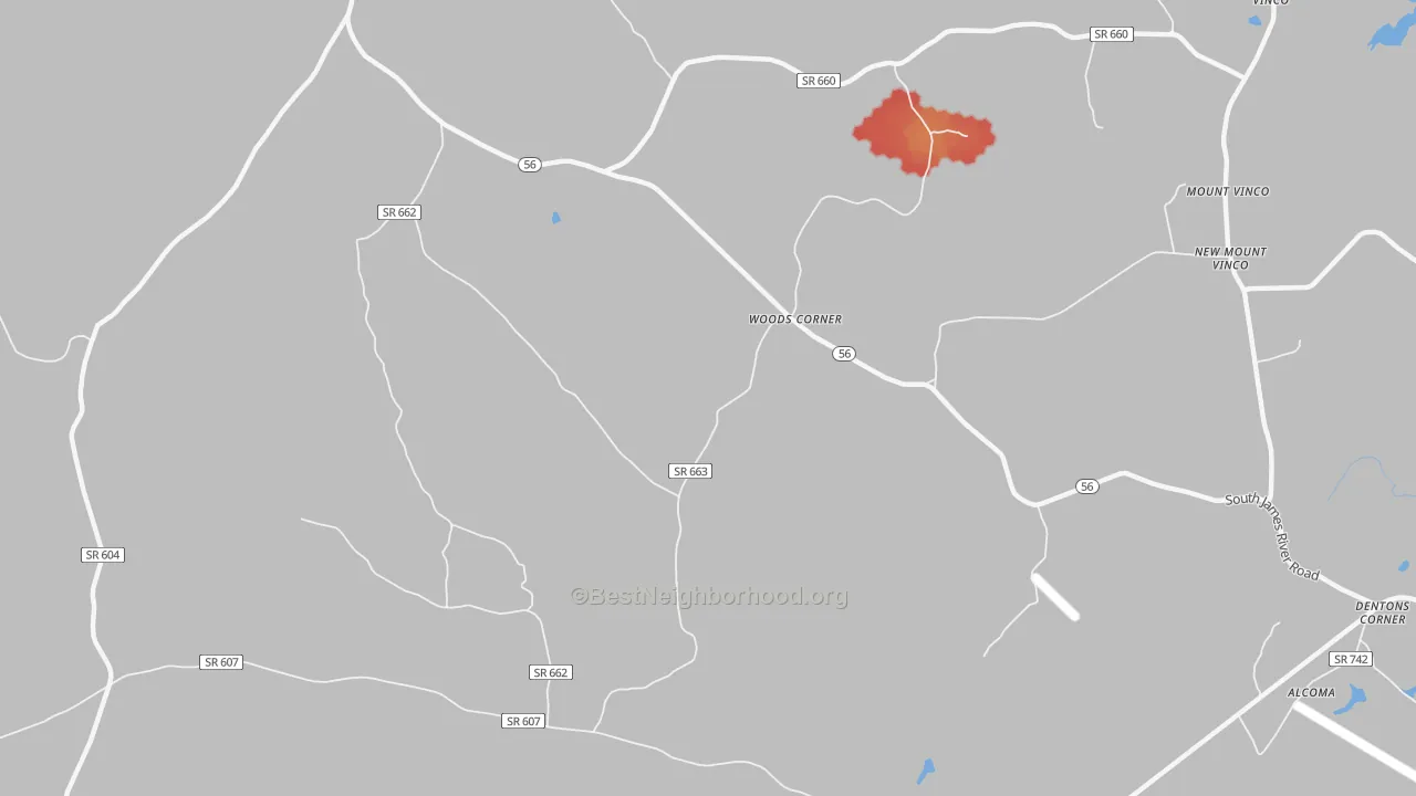 Walk Grade map of Toga, VA, walkable areas in green and car-dependent areas in red
