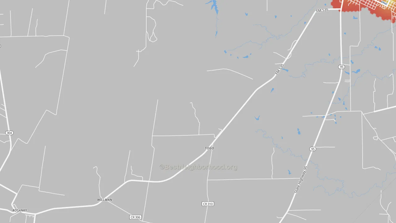 Walk Grade map of Togo, TX, walkable areas in green and car-dependent areas in red