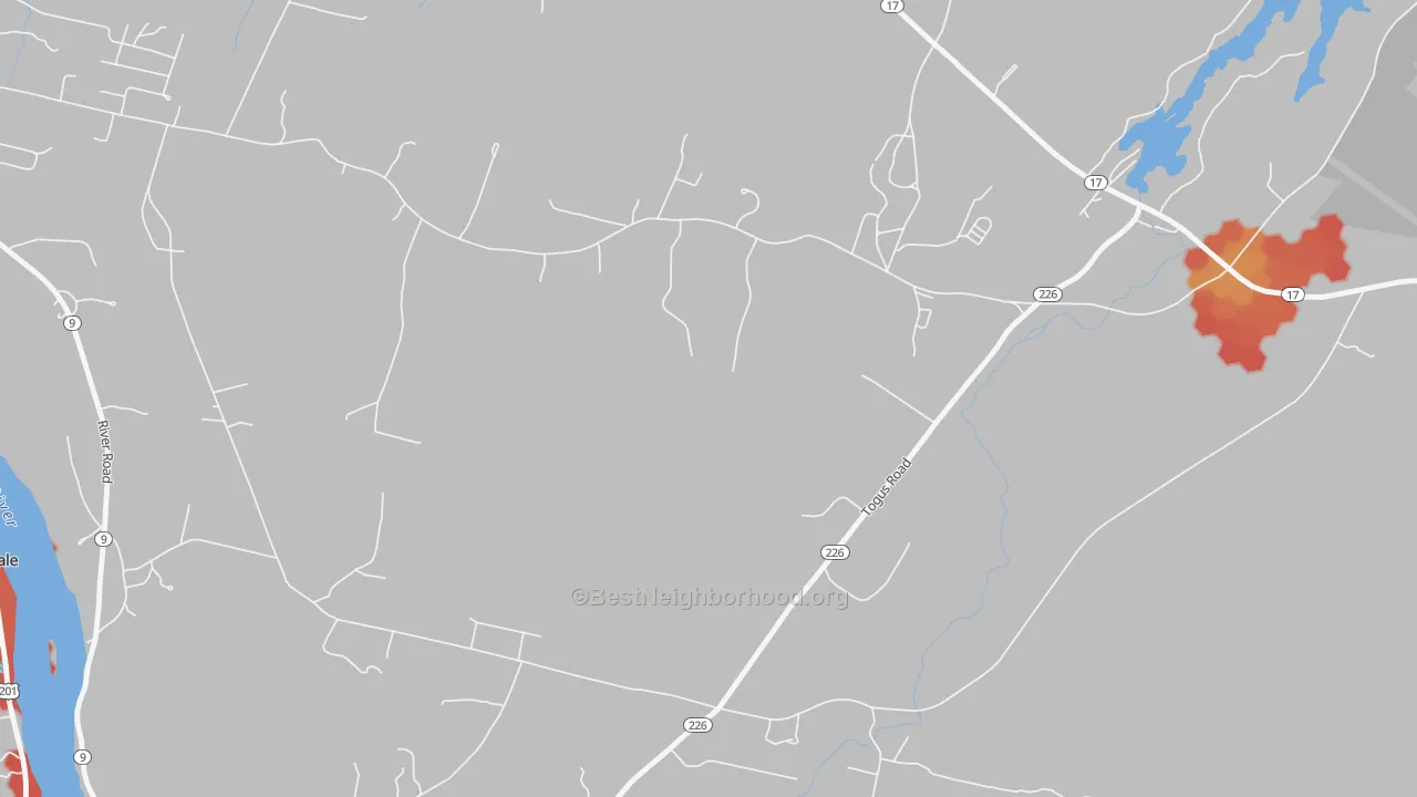 Walk Grade map of Togus, ME, walkable areas in green and car-dependent areas in red