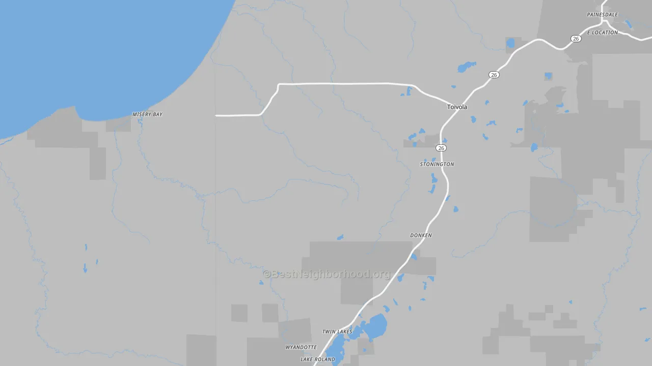Walk Grade map of Toivola, MI, walkable areas in green and car-dependent areas in red