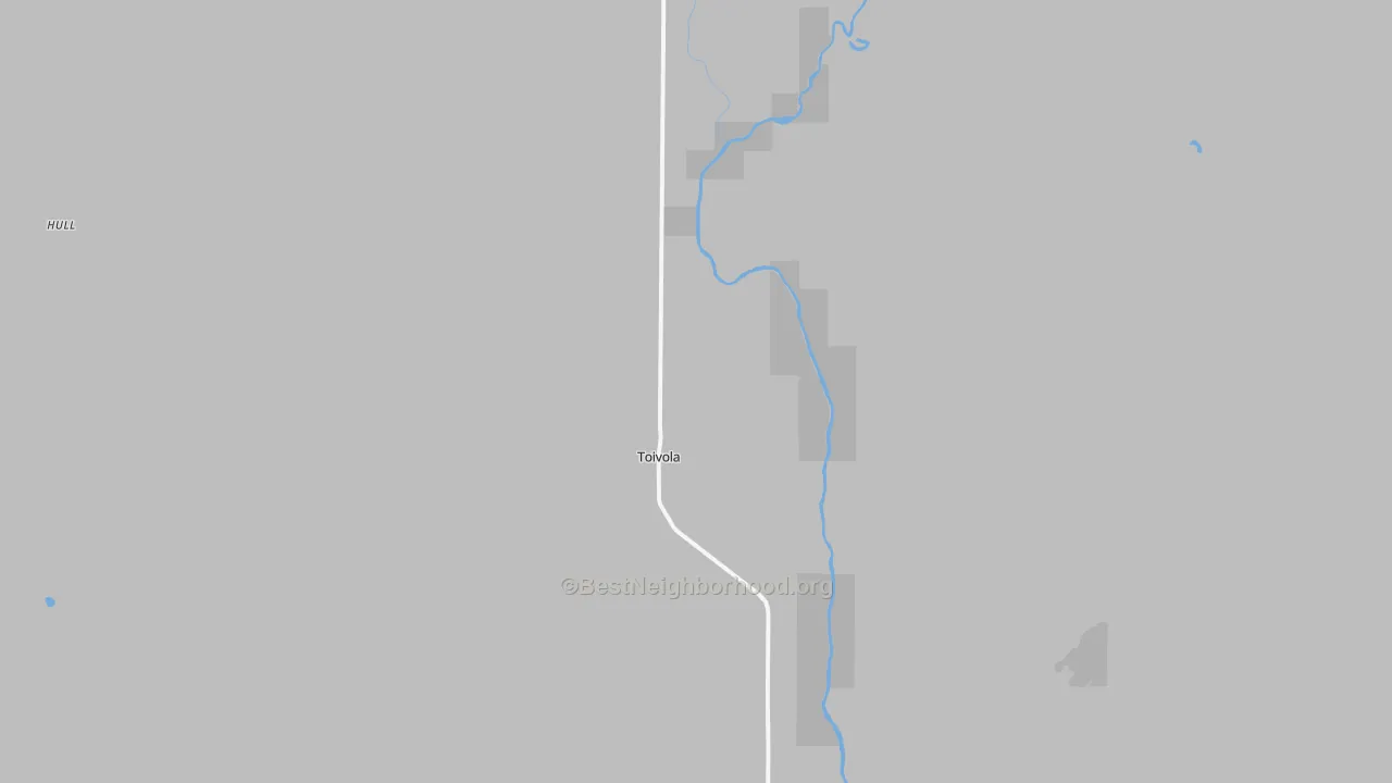 Walk Grade map of Toivola, MN, walkable areas in green and car-dependent areas in red
