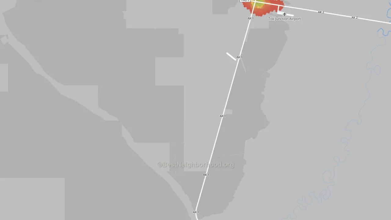 Walk Grade map of Tok, AK, walkable areas in green and car-dependent areas in red