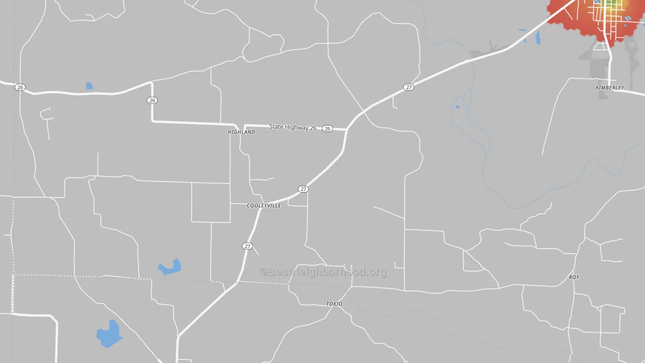 Walk Grade map of Tokio, AR, walkable areas in green and car-dependent areas in red