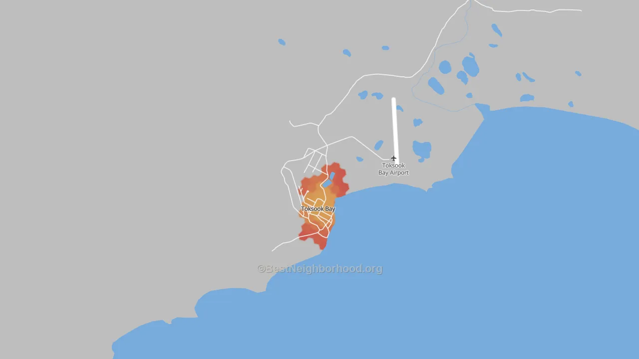 Walk Grade map of Toksook Bay, AK, walkable areas in green and car-dependent areas in red