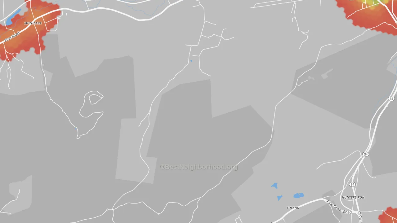 Walk Grade map of Toland, PA, walkable areas in green and car-dependent areas in red