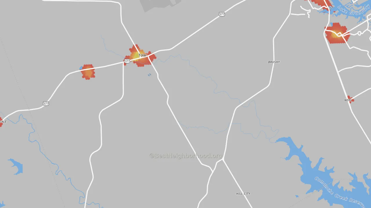 Walk Grade map of Tolar, TX, walkable areas in green and car-dependent areas in red