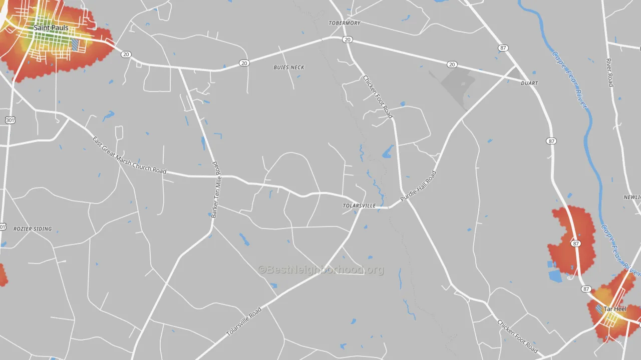 Walk Grade map of Tolarsville, NC, walkable areas in green and car-dependent areas in red