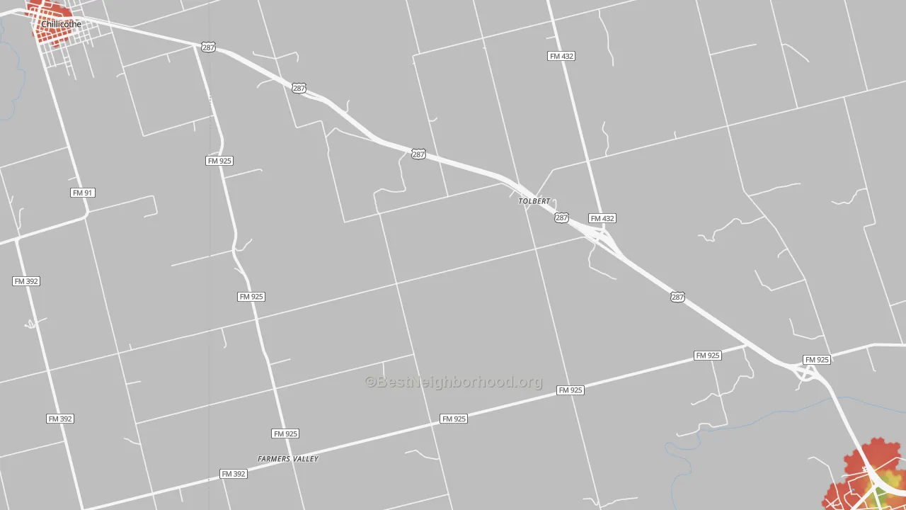 Walk Grade map of Tolbert, TX, walkable areas in green and car-dependent areas in red