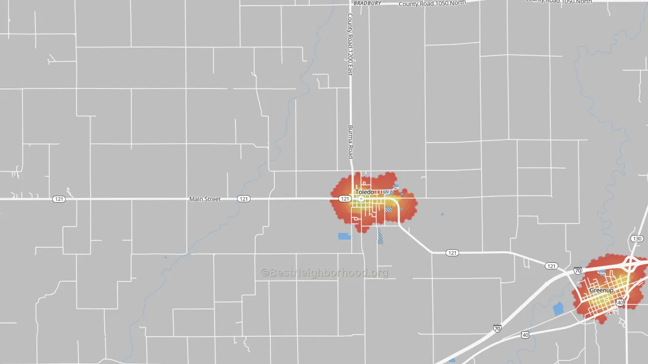 Walk Grade map of Toledo, IL, walkable areas in green and car-dependent areas in red