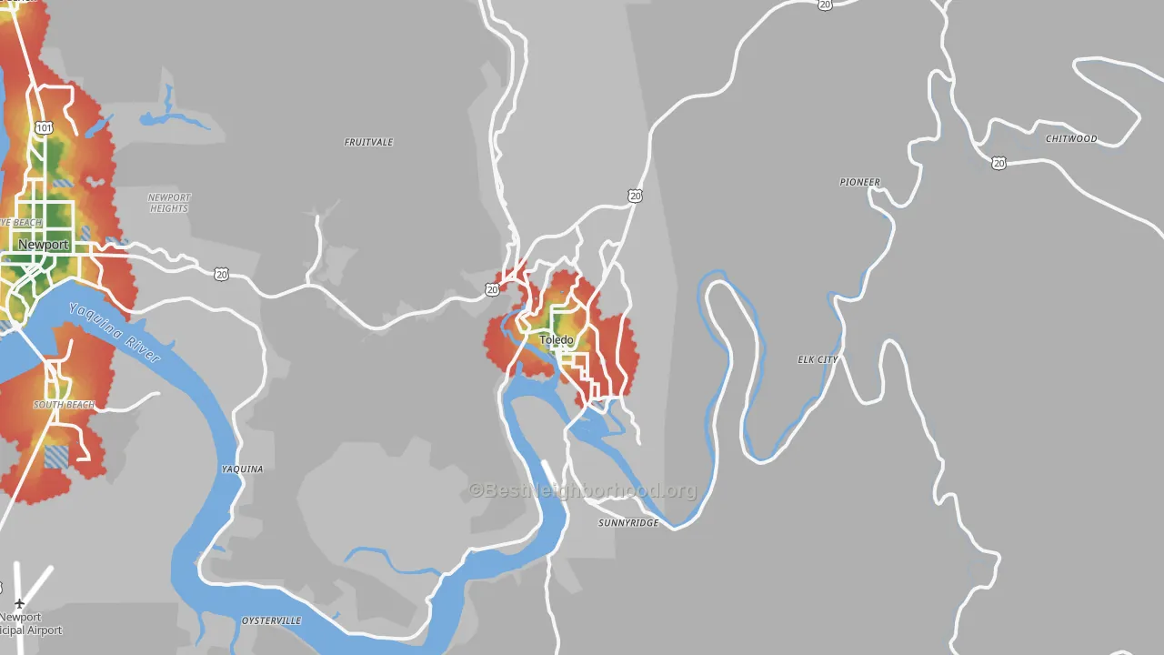 Walk Grade map of Toledo, OR, walkable areas in green and car-dependent areas in red