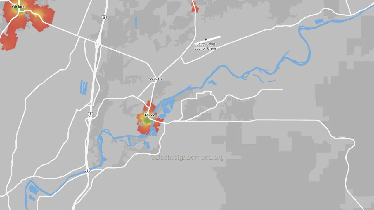 Walk Grade map of Toledo, WA, walkable areas in green and car-dependent areas in red