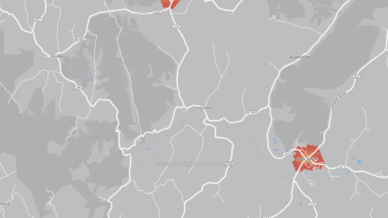 Walk Grade map of Toliver, KY, walkable areas in green and car-dependent areas in red